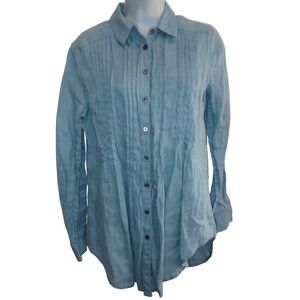 Sundance Womens XS Blue 100% Linen Pintuck Pleated Button Down Long Sleeve Shirt
